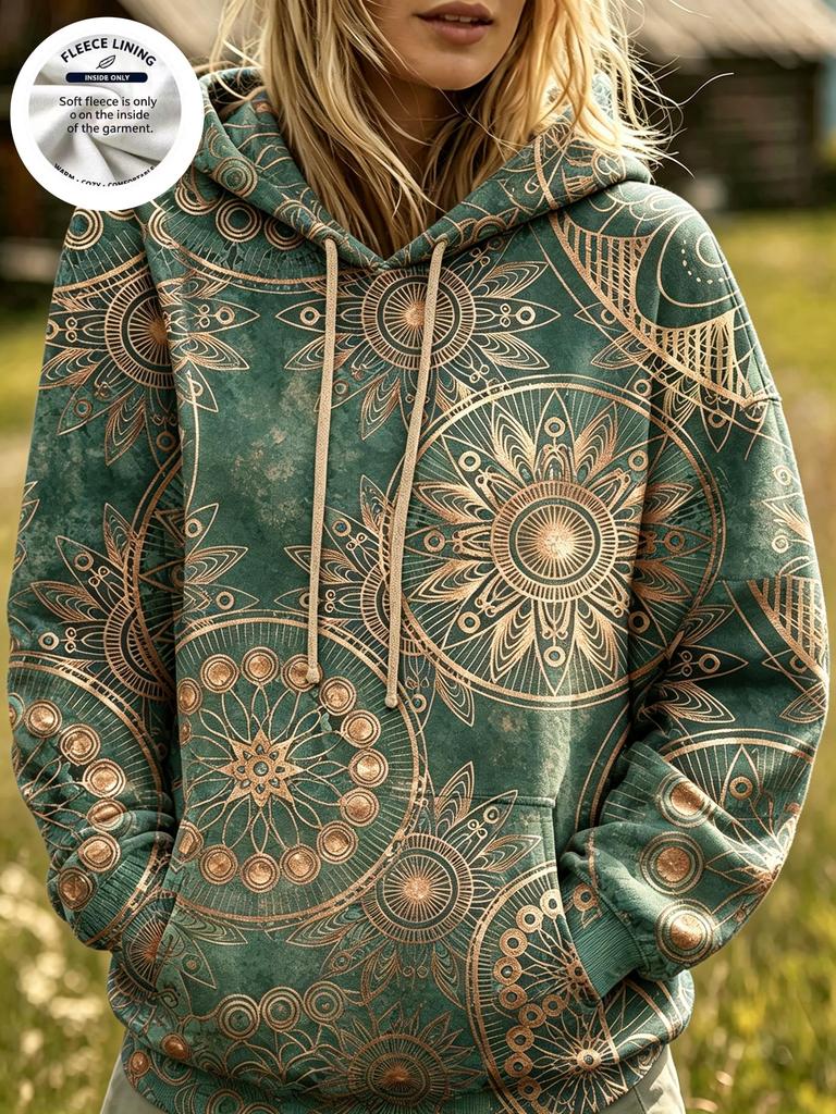 Dámská mikina s kapucí podšitá fleecem Boho Mandala Sluneční kruh Celoplošný potisk Dlouhý rukáv Oversized Teplá Ležérní mikina s kapucí