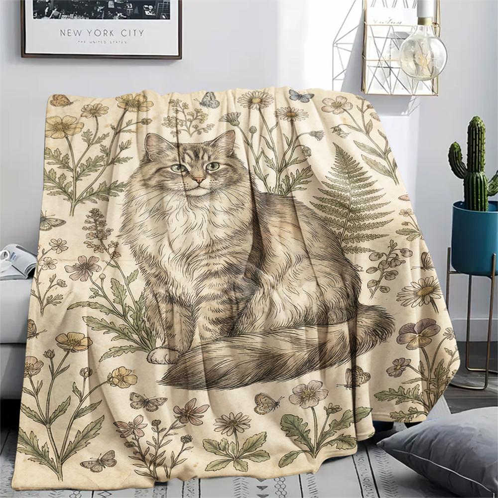 Cat Retro Print Flannel Blanket, High Quality Comfortable for All Seasons, Home Decor, Warmth and Comfort, Perfect for Christmas Gifts08