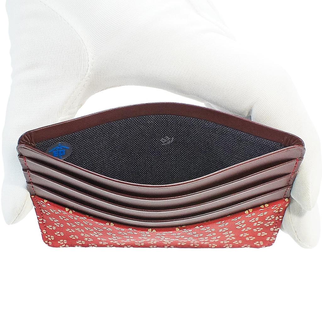 Indenya Schlanke Kartenhülle, Dünn, Hirschleder, Rot mit weißem Lack, Kleines Kirschblütenmuster, 2530-13-002