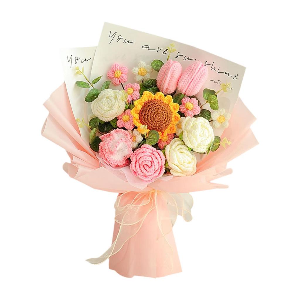 Completed Crochet Flowers Bouquet Centerpiece Knitted Artificial Flower for Mother Day Wedding Festival Birthday New Year