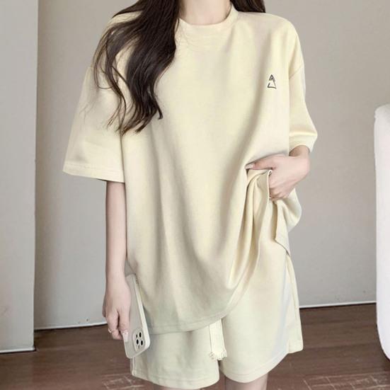 2 ks/sada O-neck s krátkým rukávem Ležérní outfit Elastický pas Kapsy se stahovací šňůrkou Dámské Jednobarevné tričko Široké nohavice Set Streetwear