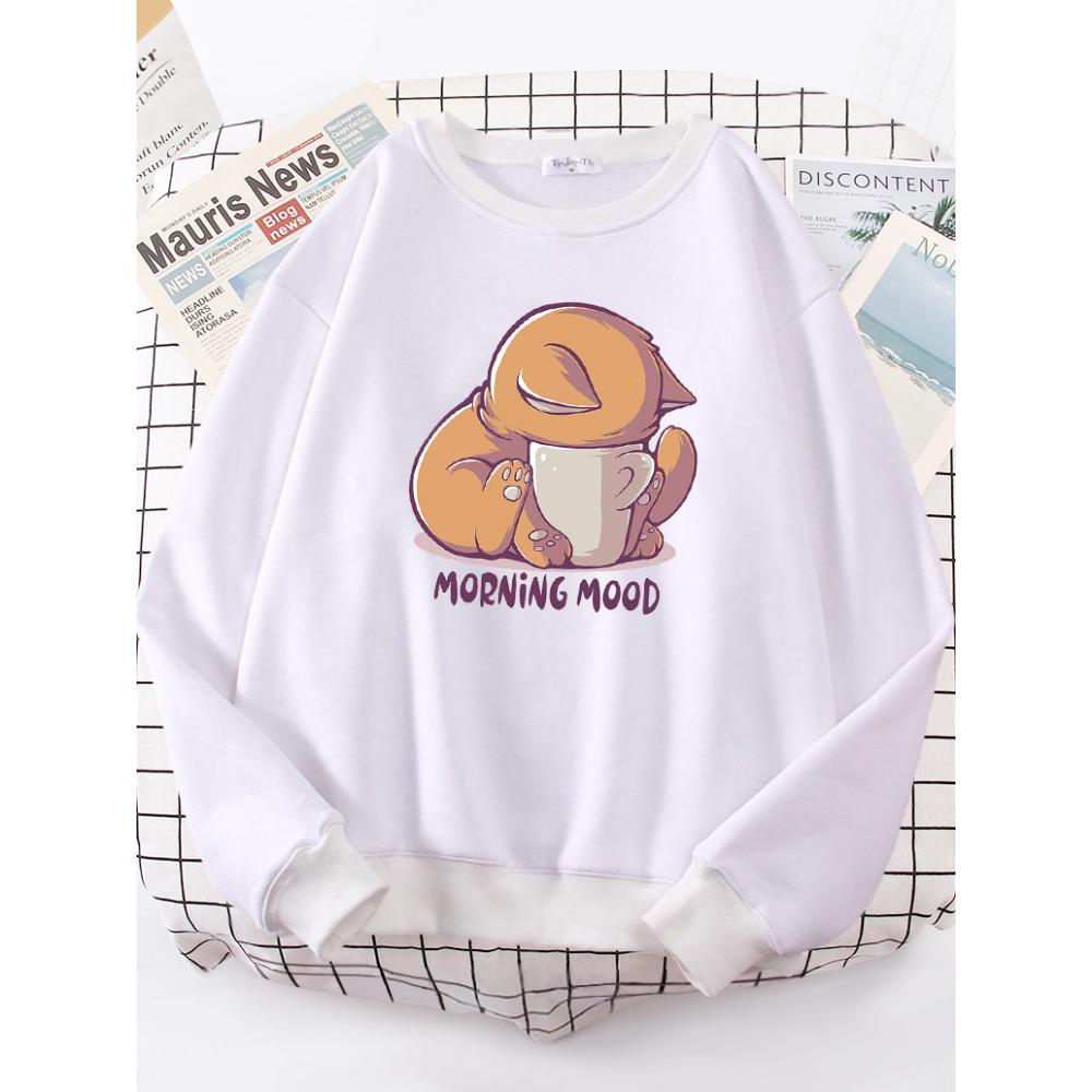 Cat Is Looking At The Cup Lovely Sweatshirt Female Fashion Fleece Hoody Crewneck Casual Hoodies Pullover Oversize