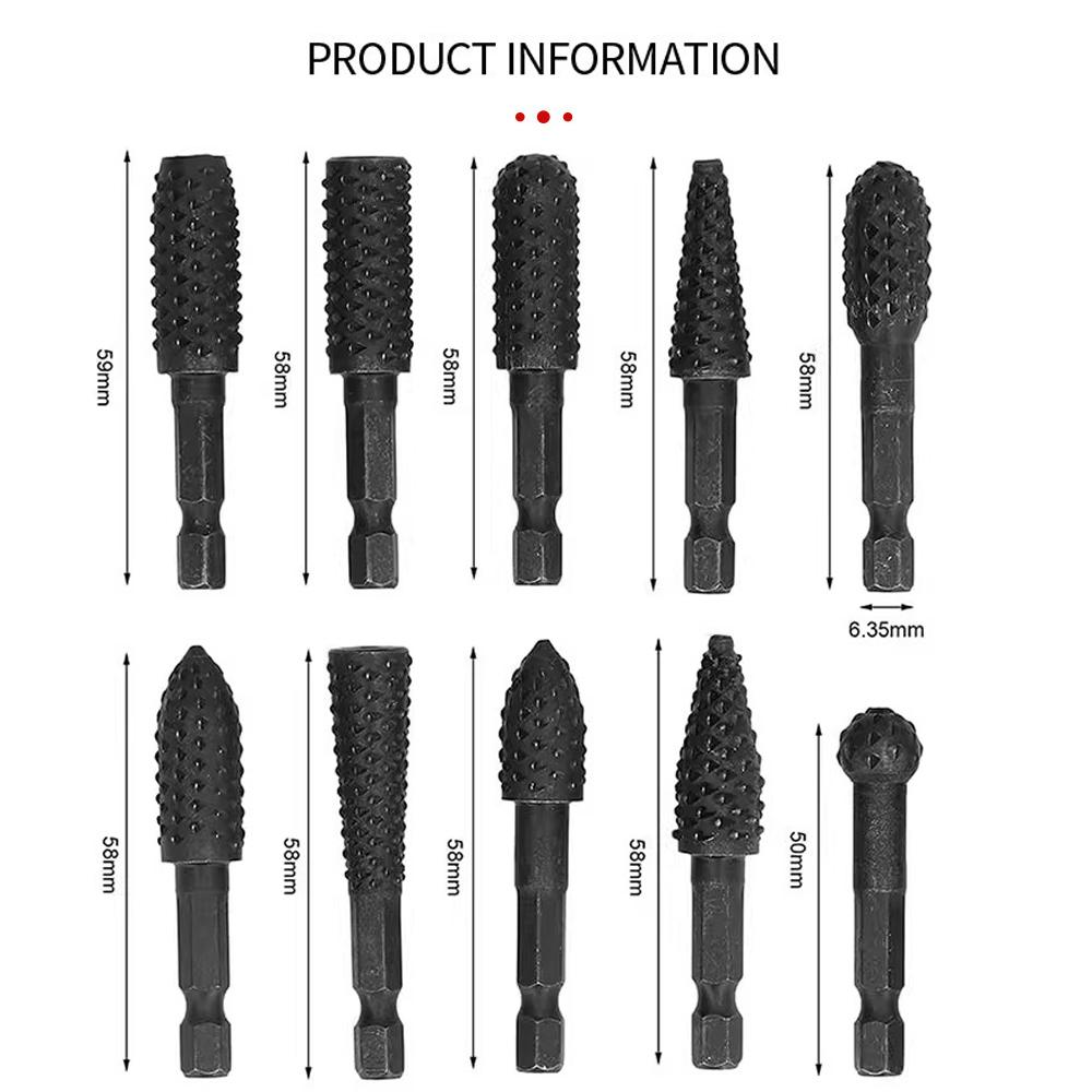 10-Piece Hex Shank Rotary File Set: Steel Files, Woodworking Tools for Sanding, Polishing, Deburring, and Hole Enlargement