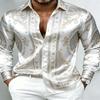 Men Silky Satin Button‑Down Shirt Vintage Silver Baroque Medallion Pattern Long Sleeve Turn‑Down Collar Male Banquet Party Casua