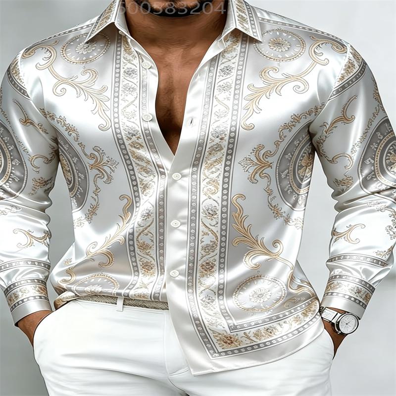 Men Silky Satin Button‑Down Shirt Vintage Silver Baroque Medallion Pattern Long Sleeve Turn‑Down Collar Male Banquet Party Casua