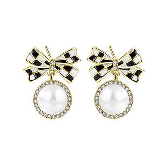 

European/American S925 Sterling Silver Baroque Pearl Checkerboard Bow Stud Earrings - Women s Light Luxury Design
