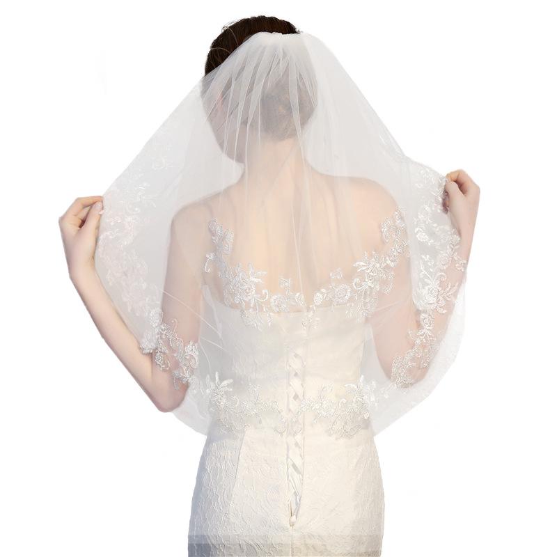 Korean Double Layer Bridal Short Veil with Lace for Wedding Photos and Accessories