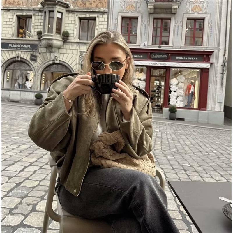 Spring Autumn Suede Feel Textured Collar Zip Button Pilots Coat For Women Fashionable And Comfortable Jacket Outerwear