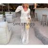 Spring New Women's Clothing Ins Style Lace High Waist Casual Trousers + V Neck Long Sleeves Lace Lace Cardigan Top