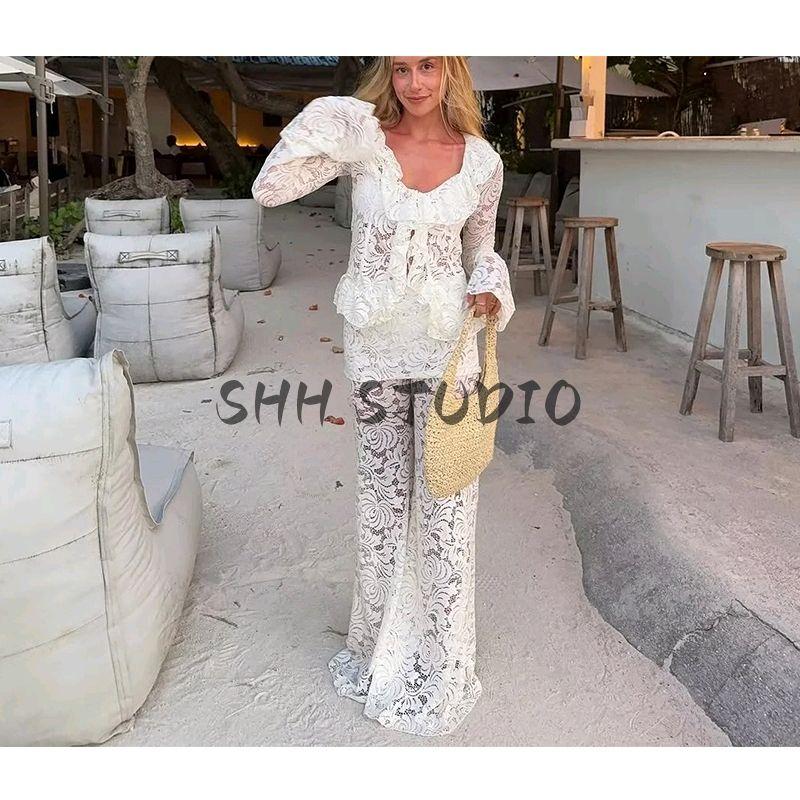 Spring New Women's Clothing Ins Style Lace High Waist Casual Trousers + V Neck Long Sleeves Lace Lace Cardigan Top