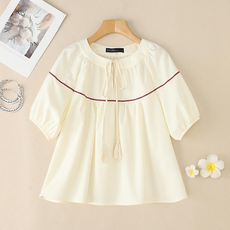 

ZANZEA Женская повседневная блузка с круглым вырезом, свободная, летняя, с рукавом три четверти S абрикосовый