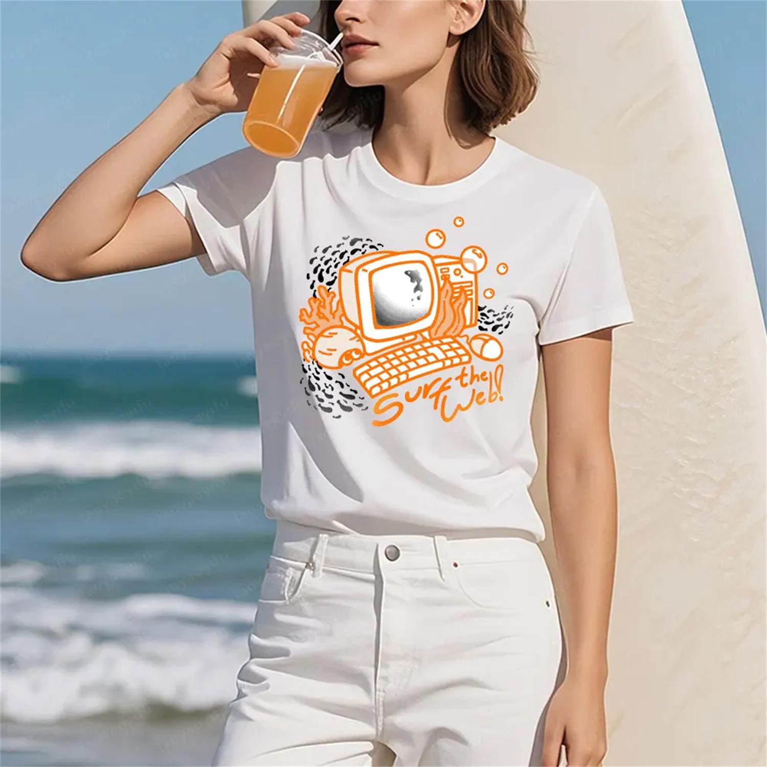 Surf The Web Funny Women Men T-Shirt Unisex Fashion Casual Crewneck Tee Tops Summer Daily Life Creative Design Short Slevee S