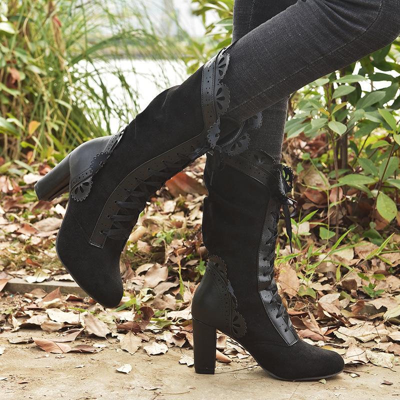 Moda Moda Botas de Media Caña 2024 Otoño Invierno Nuevo Sentido del Diseño Encaje Botas de Cuero de Tacón Alto para Mujer en Grande Zapatos Mujer