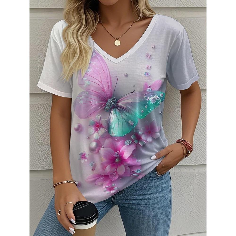 3D Butterfly Printed Short Sleeve T-shirt Korean Style Women's Clothes V-neck Short Sleeves Tees Shirt Loose Casual Blouses
