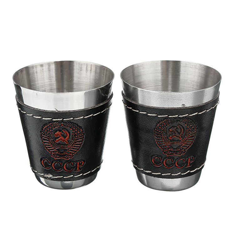 Bpa Free 8oz Whisky Flagon Cccp Stainless Steel Pu Leather Vodka Alcohol Hip Flask SET with Pu Bag