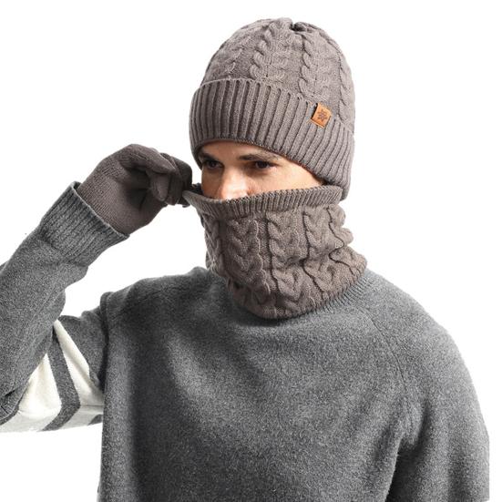 3Pcs/Set Men Hat Scarf Gloves Set Solid Color Twist Texture Brimless Hat Neckerchief Knitting Gloves Set Winter Accessories