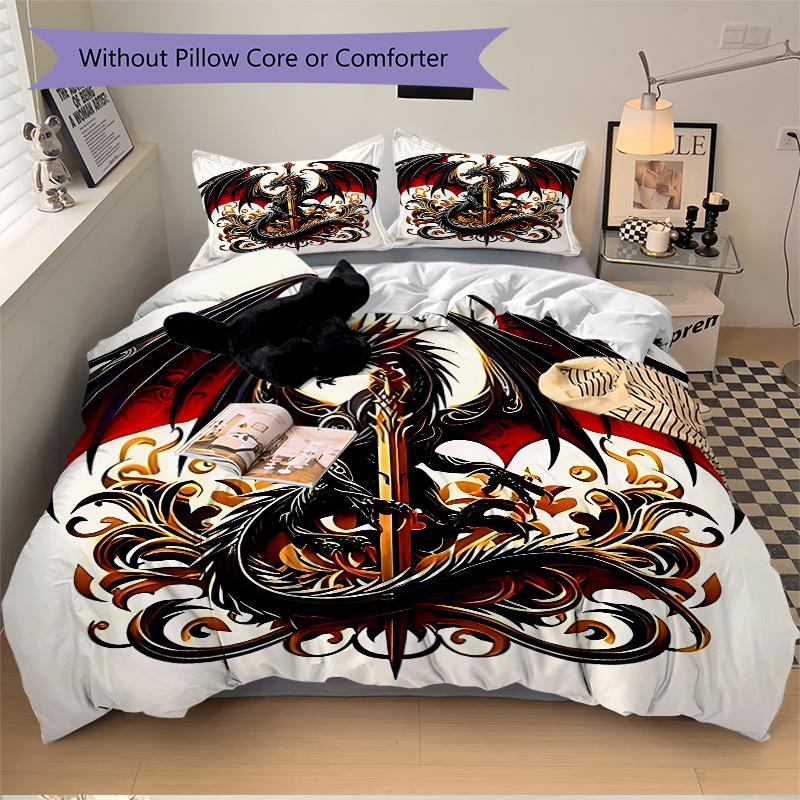 3pcs Black Dragon with Sword Print Cover Set Ultra Soft, Breathable, and Comfortable Bedding with Stylish Design for Bedroom and Guest Room Decor
