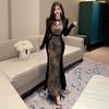 Women's retro printing contrasting color splicing long-sleeved dress tide