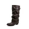 Pointed Boots Women'S Versatile Coarse Heel Knight Boots Black Rivet Pleated Stacking Boots Belt Buckle Large Trouser Pants Boots