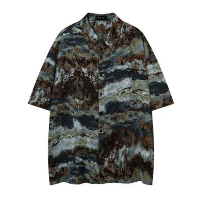 Abstract Camouflage Short Sleeved Floral Shirt for Men's Summer Street Fashion Label Lazy Style Casual Loose Collar Shirt Cardigan