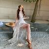 Bali vacation photo shoot French elegant waist-cinching dress, travel fairy halter-neck jacquard elegant halter long dress
