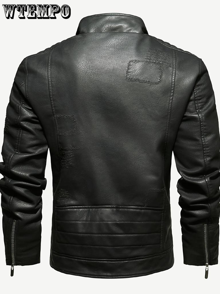 Chaqueta PU de Manga Larga y Cremallera para Hombre con Cuello Mao, Bolsillos con Cremallera y Capucha Desmontable, Chaqueta de Corte Slim Chic y Elegante para Uso Exterior