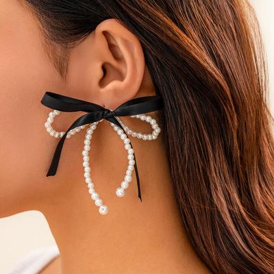 Brincos de Pérola Falsa Simples com Contas, Brincos Criativos de Tarraxa Duplo Laço BowEarrings