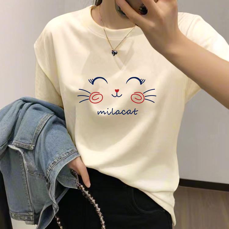 

2025 новая европейская свободная хлопковая белая футболка с коротким рукавом женская с круглым вырезом с рукавом до локтя мультяшная футболка с принтом на плечевом шве топ инс S