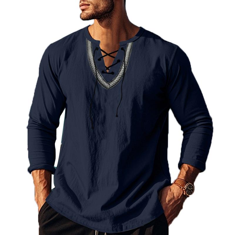 Herren Langarmshirt mit Henley-Kragen und Piraten-Motiv, Kordelzug, Baumwolle und Leinen, mit Schnürung, V-Ausschnitt, Hippie-Strand-Tops für Frühling und Sommer