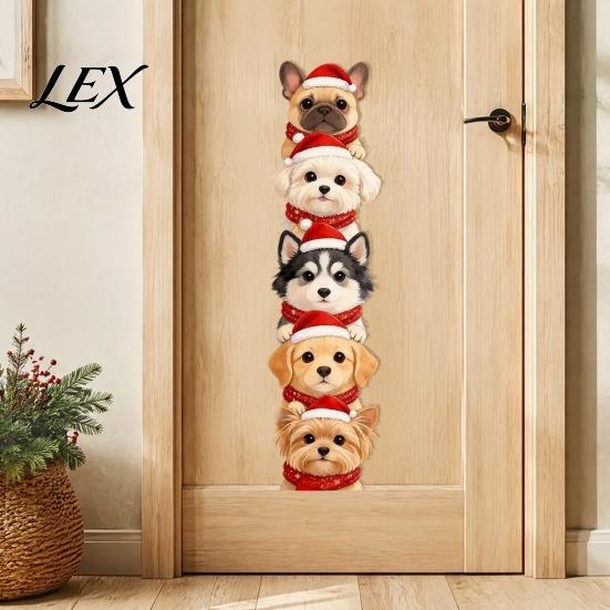 Removable Dog Pattern Stickers Christmas Puppy Wall Stickers, Self-adhesive Decals for Walls Doors, PVC Stacked Puppies Art Decor with Santa Hats And