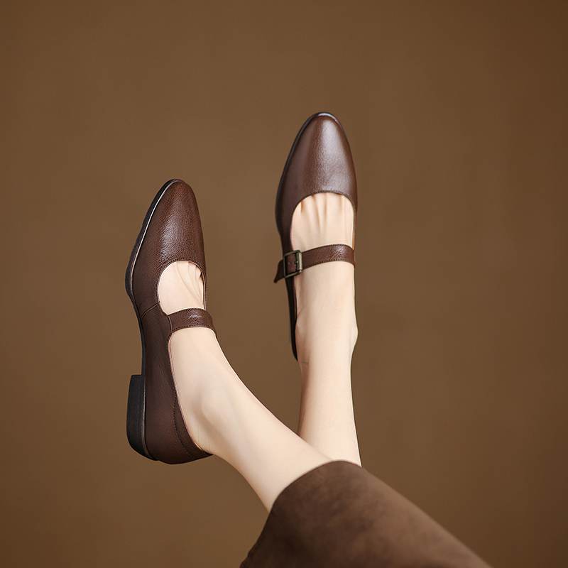Krazing Pot Sheepskin Autumn Winter Shoes Buckle Straps Low Heels Mary Janes Size 40 Round Toe Brown Color Pumps