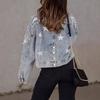 Damen Herbst Lässige Jeansjacke Rückseite Sternenprint Langarm Umlegekragen Knopf Perlen Jacke Streetwear Jeansjacke Damen