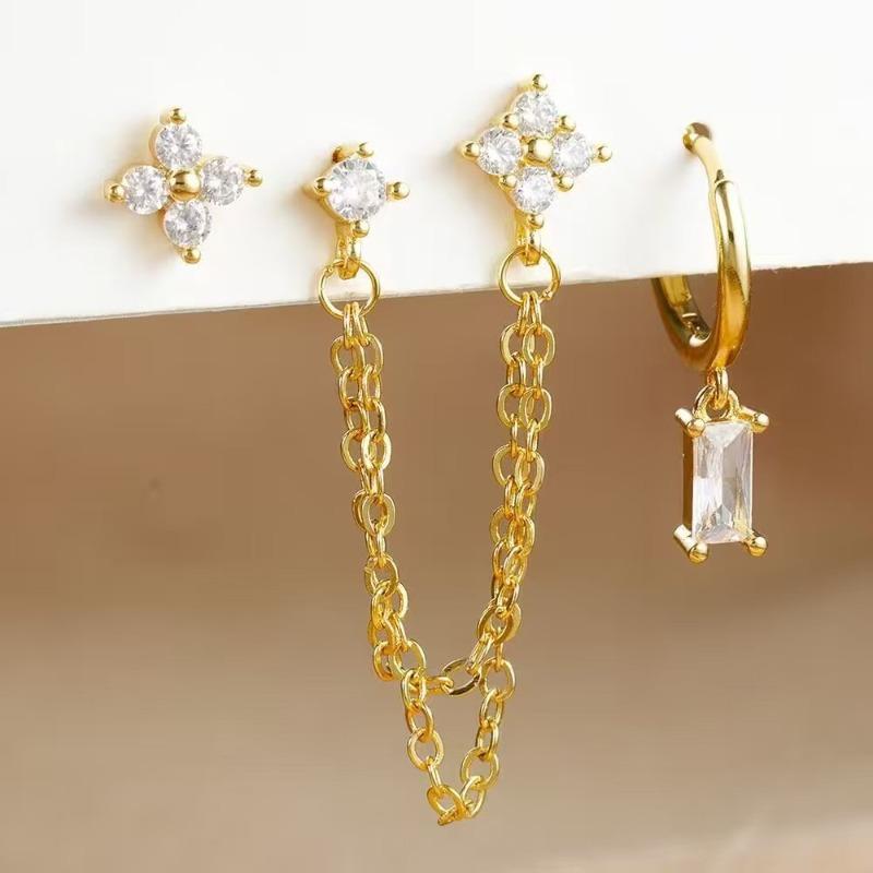 PONYKISS Tibetan Silver Zircon Flower Square Chain Stud Earrings for Women Trendy Plant Fashion Minimalist Accessories