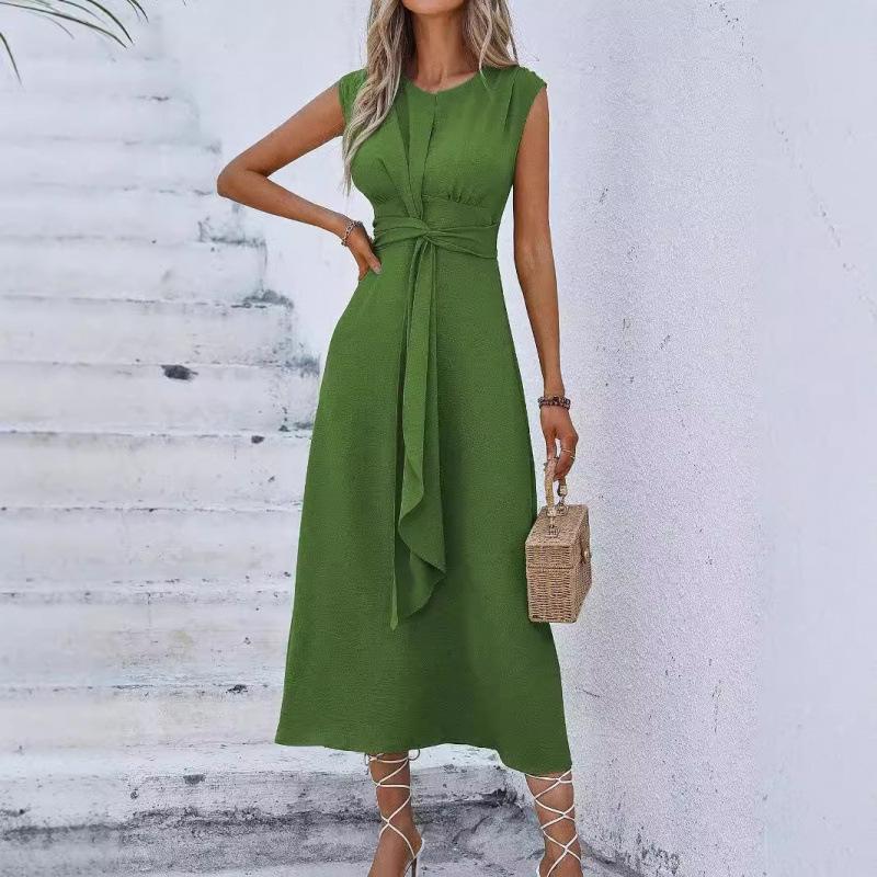 Women's Sleeveless Waist-Hugging Long Dress - Summer/Autumn, Elegant European & American Style, Slimming Fit