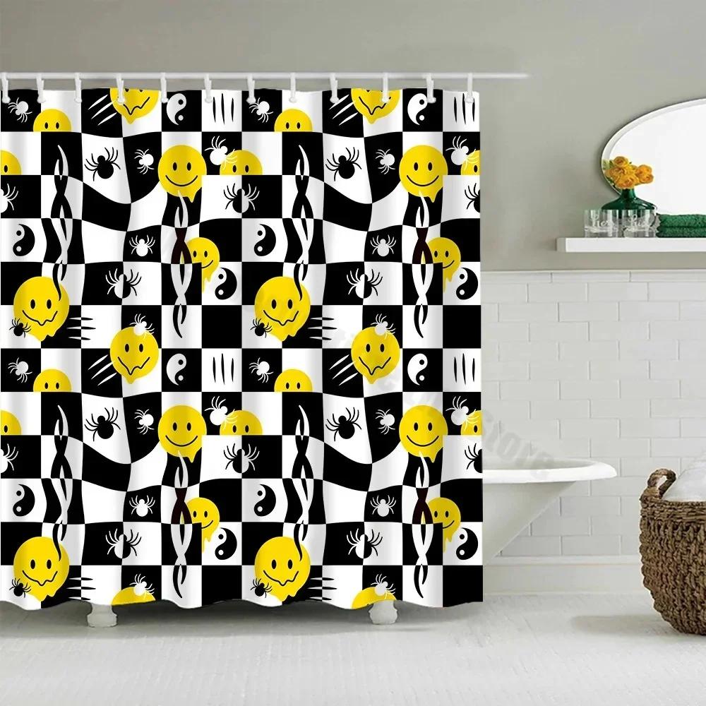 Cute Little Yellow Duck Shower Curtain Cartoon Funny Smiley Face Bathroom Waterproof Bath Duck Fabric 12 Hooks Bathroom Decor