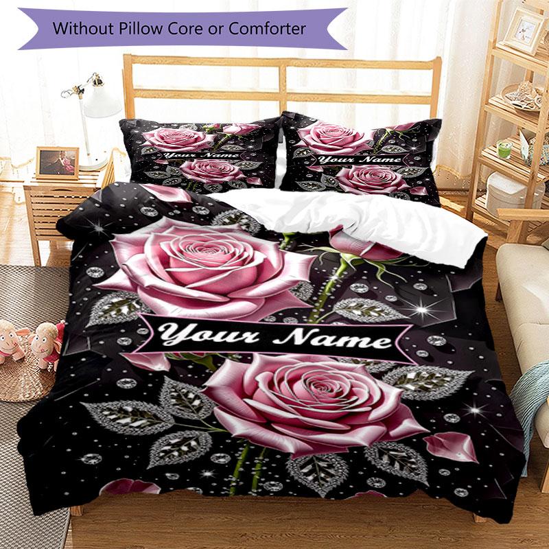3PC Custom Name Elegant Rose Banner Bedding Set Duvet Cover Closure Includes 1 Duvet Cover & 2 Pillowcases for Bedroom