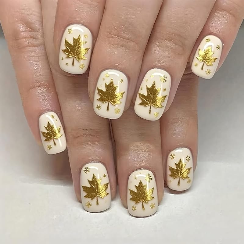 Thanksgving Day Press On Nails Square Medium Press On Nails Nude White Fall Nail Press Ons Full Cover False Nails With Maple Leaves Designs Acrylic