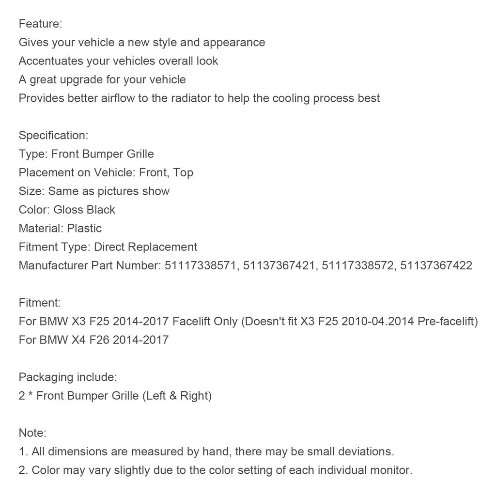 Grelha de Rim Preta Brilhante do Para-choque Dianteiro Compatível com BMW X3 X4 F25 F26 2014-2017