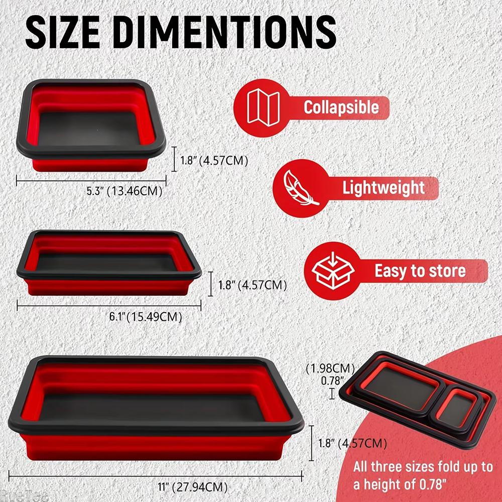 3pcs Collapsible Magnetic Parts Tray Set Flexible Silicone Tool Bowl Dish Strong Magnet Screw Nut Bolt Holder For Auto Repair