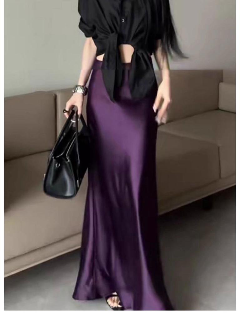 Champagne Satin Fishtail High-End Silk Skirt for Women - Summer 2025