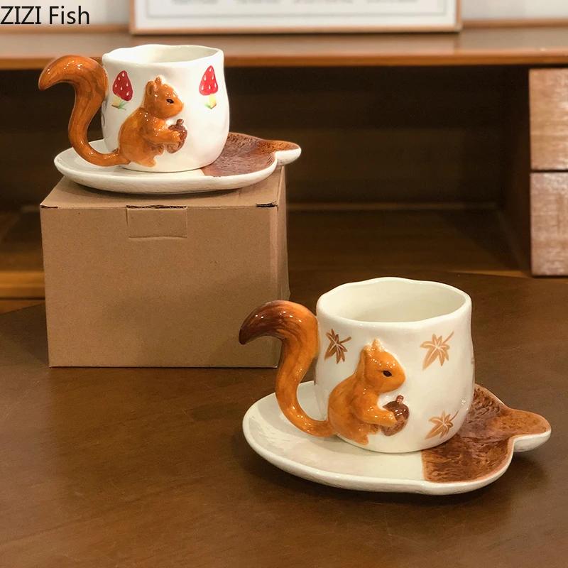 Squirrel Maple Leaf Relief Porcelain Cup&saucer Coffee Mug Dining Table Flower Mugs Afternoon Tea Teacup Fruits Juice Cup