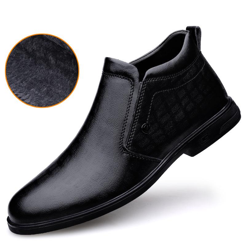 Men's Black High-Top Velvet-Lined Leather Work Boots - Slip-On Dad Shoes for Autumn/Winter