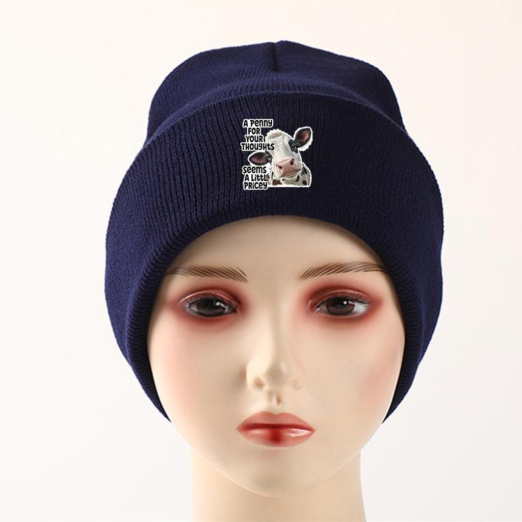 Vivid Cow Print Knit Hat Beanie, Animal Woman Cap Warm Lightweight Unisex Bonnet Knitted Cap Beanie
