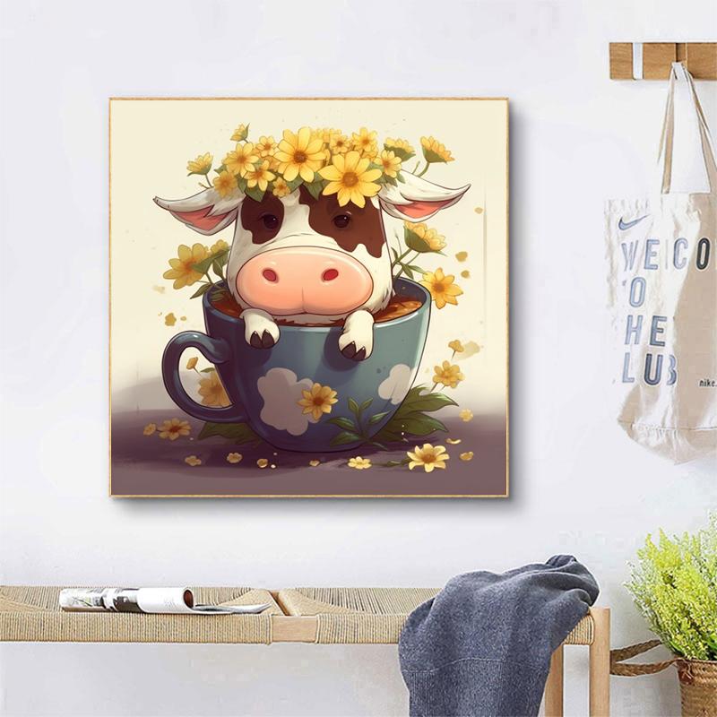 5d DIY Diamond Painting Cross Stitch Cartoon Animal Teacup Cow Diamond Embroidery Mosaic Full Round Drill Home Decor Arts