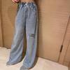 Teenage Girls' Jeans Spring Fall Casual Wide Leg Pants Loose Ripped Hole Kids Retro Pants School Children Trousers