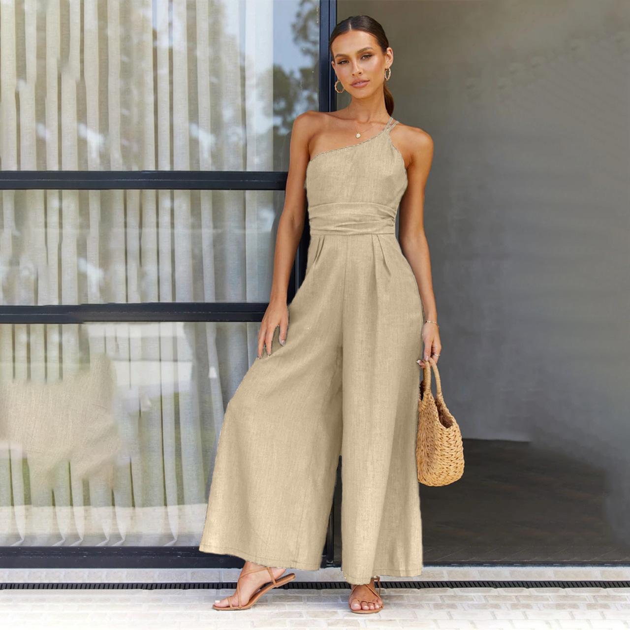 

Женский летний повседневный комбинезон с одним плечевым ремнем без рукавов с высокой талией, однотонный, с широкими брюками, размер S-XL XL хаки