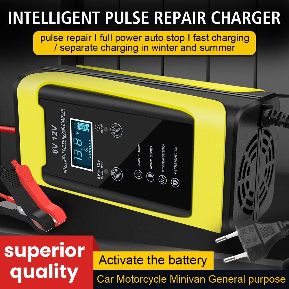 Cycle GEL Lead-Acid Charger Universal Car Battery Charger Fast Power Charging Smart Fast Charge Auto Motorcycle Pulse Repair LCD Display 6V 12V 6A