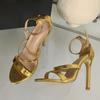 Fashion Liyke Gold Snake Print Leather Ankle Strap Sandals Women Summer Fashion Open Toe Gladiator High Heels Party Dress Shoes Size 42