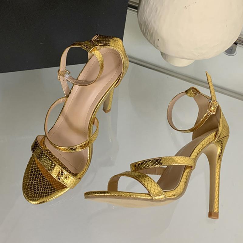 Fashion Liyke Gold Snake Print Leather Ankle Strap Sandals Women Summer Fashion Open Toe Gladiator High Heels Party Dress Shoes Size 42