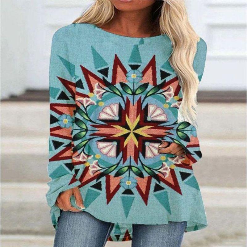 New 3D Ethnic Tribal Style Printed Round Neck Women's T-shirt Long-sleeved Bottoming Shirt Casual Loose Top Breathable Pullover
